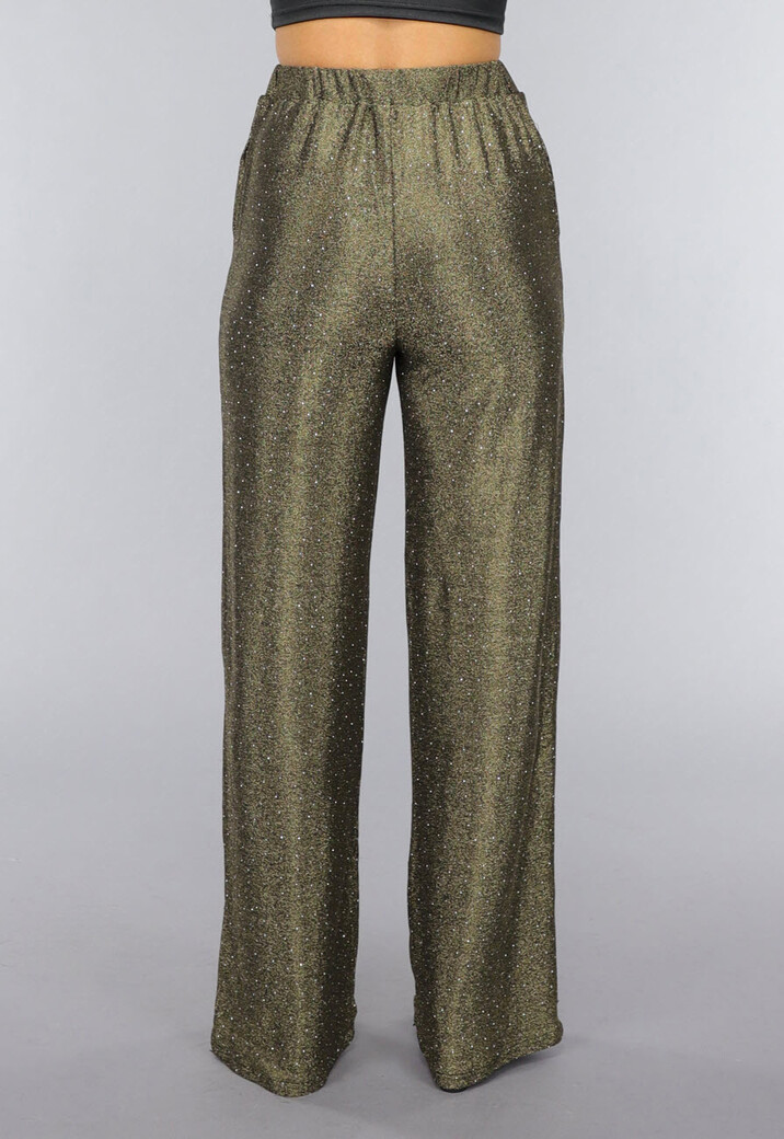 Gouden Wide Leg Pantalon met Glitter Steentjes