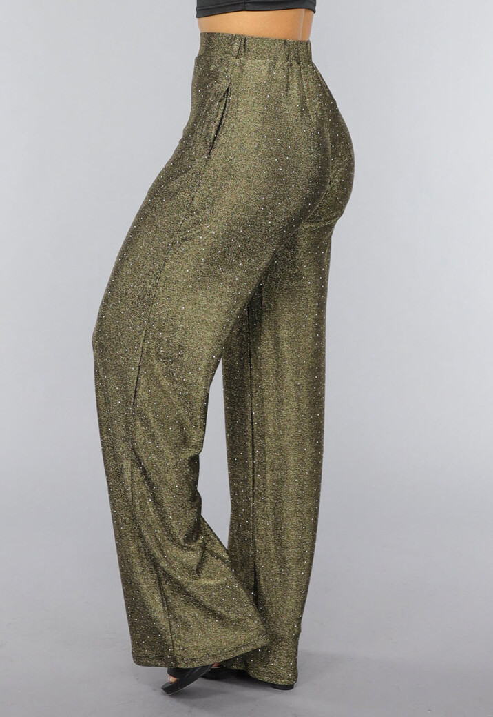 Gouden Wide Leg Pantalon met Glitter Steentjes