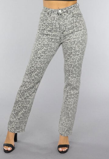 NEW0210 Grijze Straight Leg Hartjes Jeans met Hoge Taille