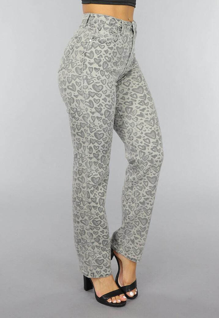 Grijze Straight Leg Hartjes Jeans met Hoge Taille