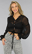 Geplooide See Through Zwarte Ruches Blouse met Knoopjes