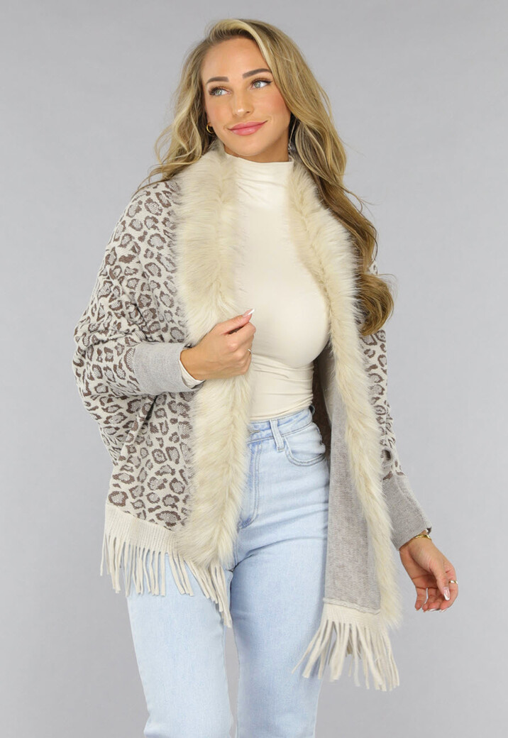 Beige Fluffy Panterprint Cardigan met Franjes