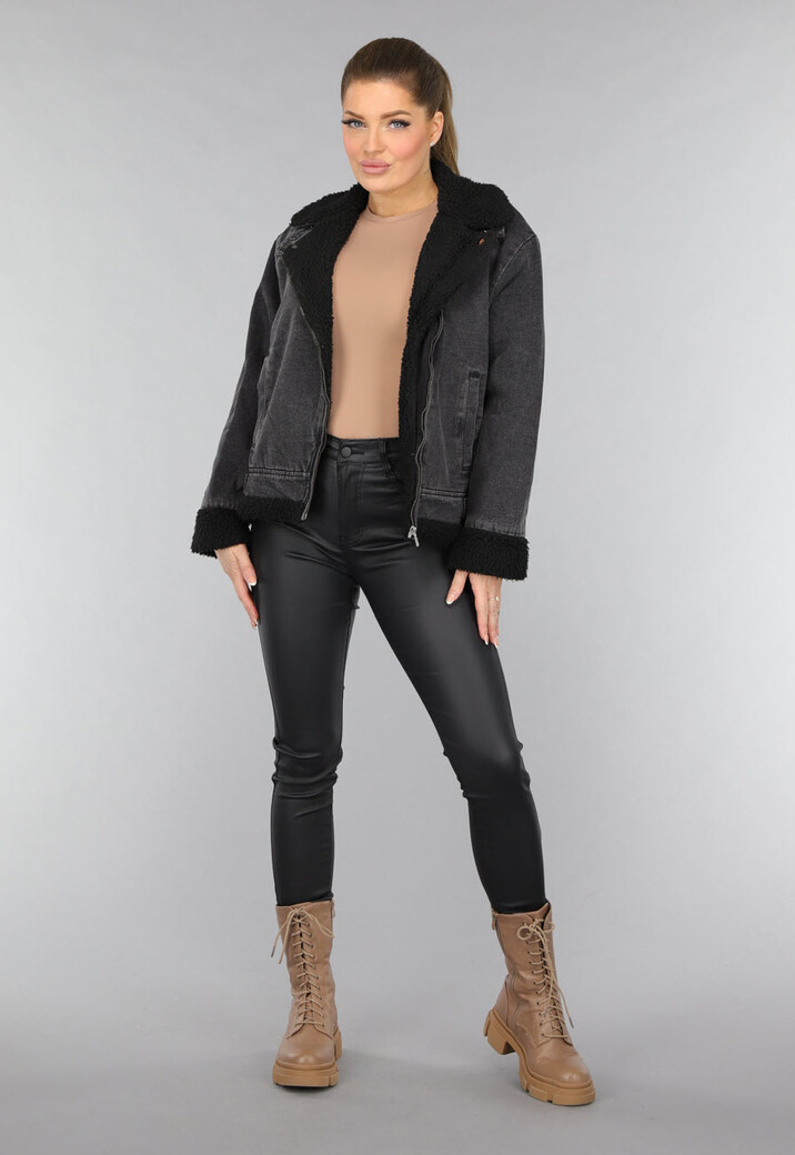 Grijze Denim Lammy Coat met Gesp Details