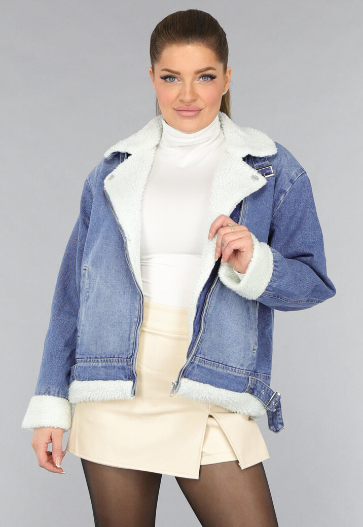 Lichtblauw Denim Teddy Biker Jasje