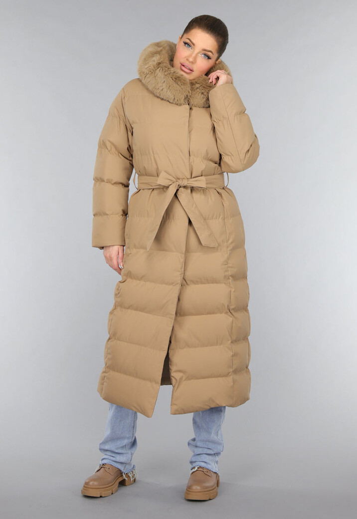 Lange Camel Winterjas met Capuchon