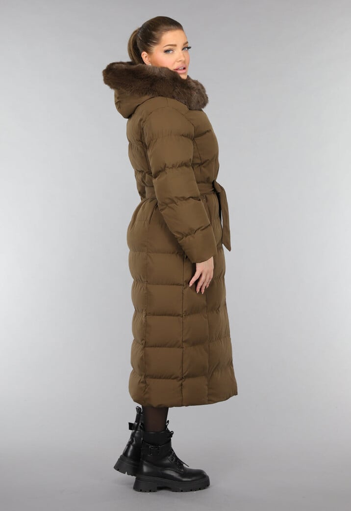 Lange Bruine Puffer Jas met Tailleband