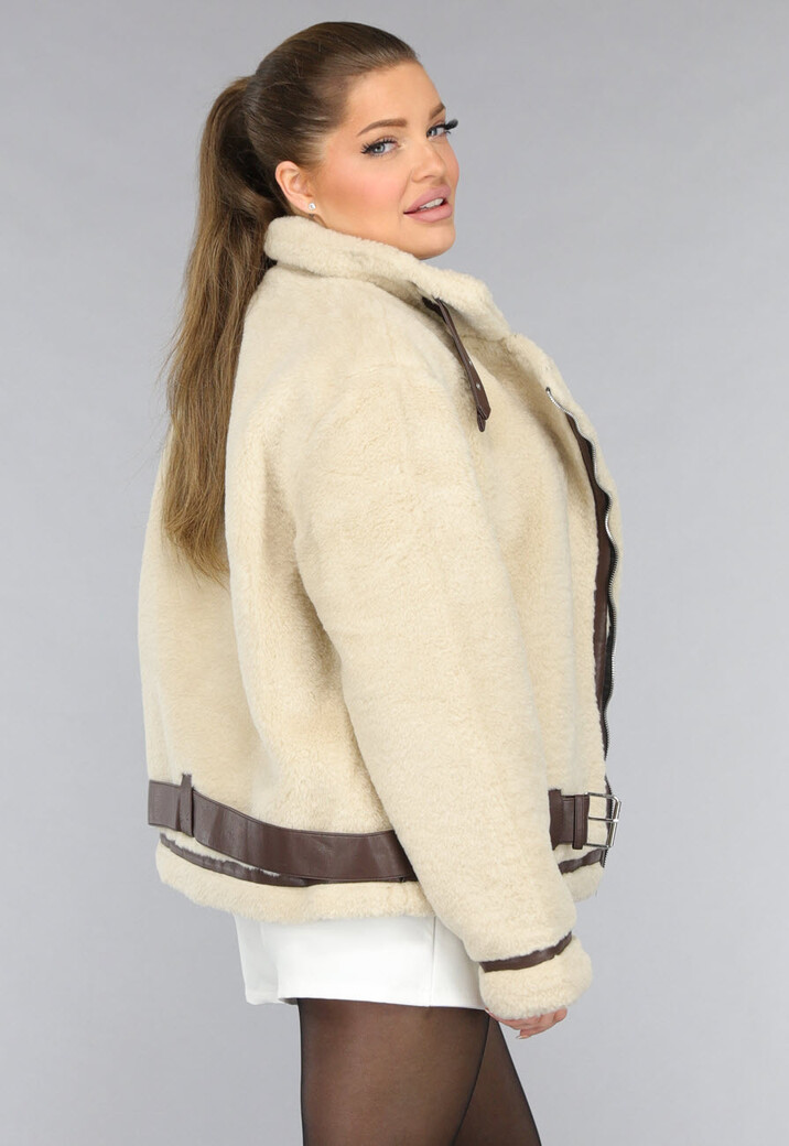 Beige Zachte Tussenjas met Bruine Details