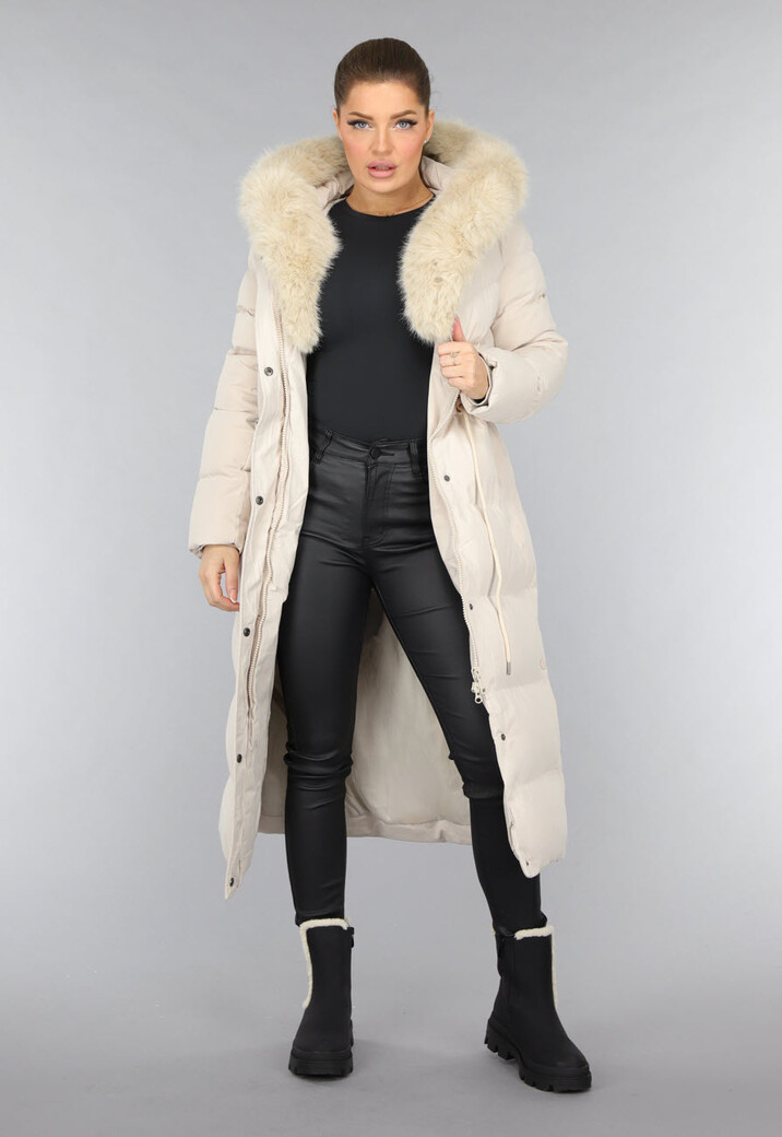 Beige Gewatteerde Parka met Bontkraag