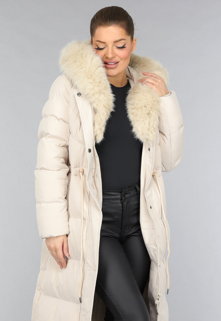 Beige Gewatteerde Parka met Bontkraag