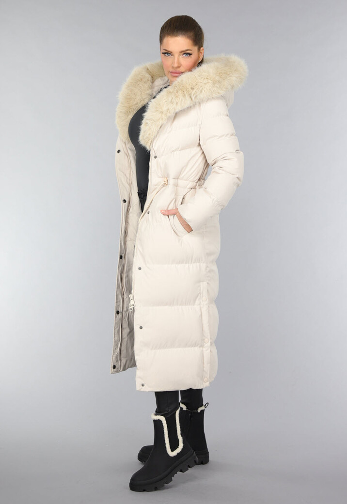 Beige Gewatteerde Parka met Bontkraag