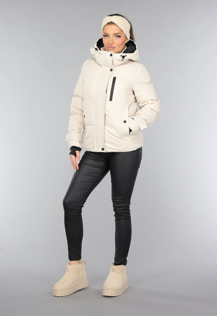 Korte Beige Winterjas met Duimgaten