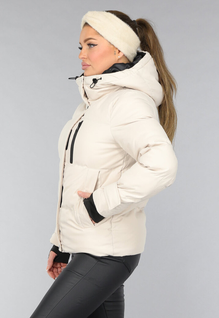 Korte Beige Winterjas met Duimgaten