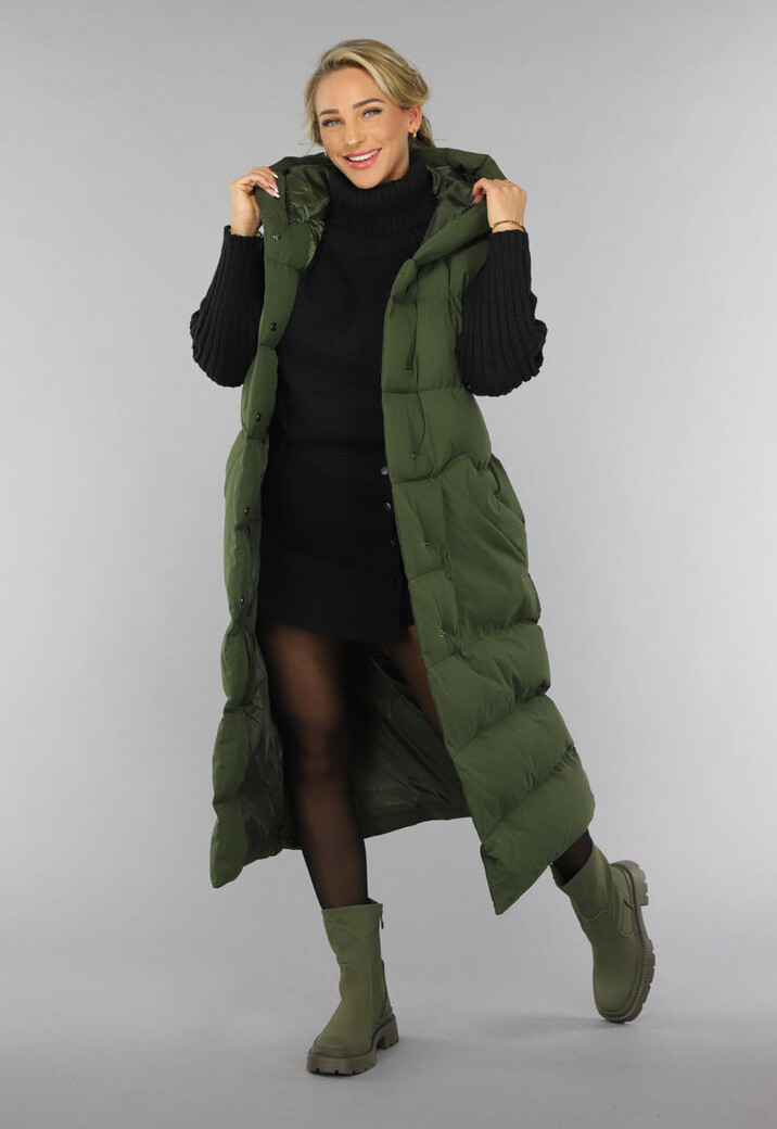 Groene Lange Gewatteerde Bodywarmer met Tailleband