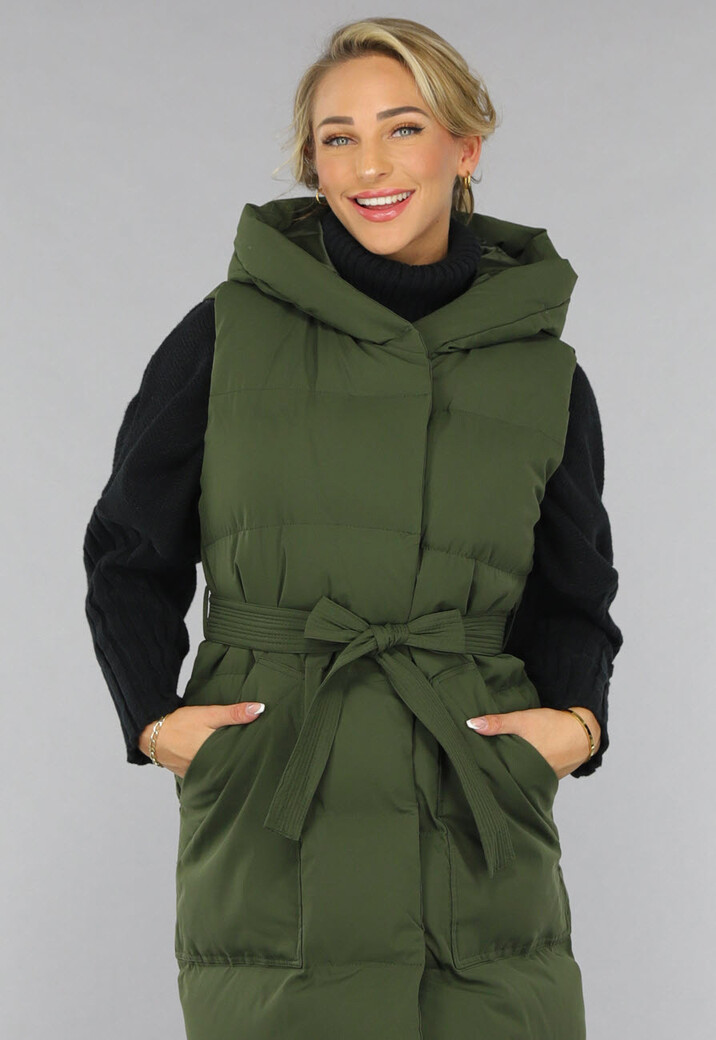Groene Lange Gewatteerde Bodywarmer met Tailleband