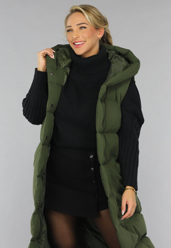 Groene Lange Gewatteerde Bodywarmer met Tailleband