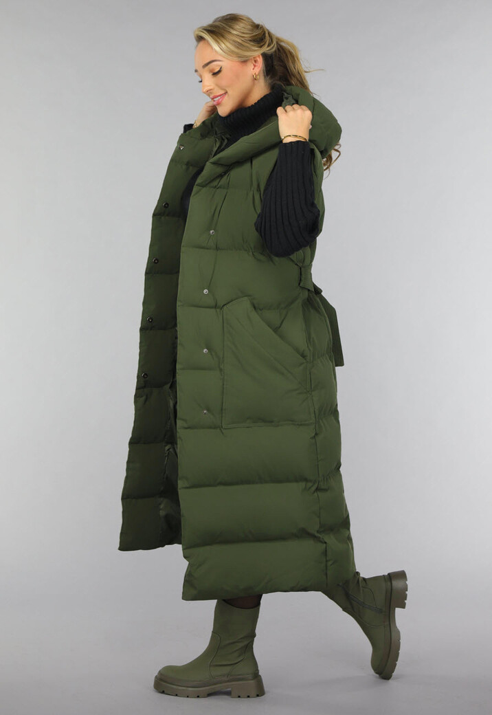 Groene Lange Gewatteerde Bodywarmer met Tailleband