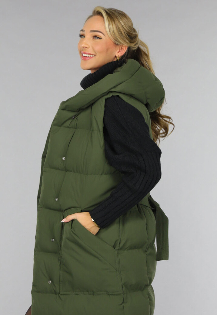 Groene Lange Gewatteerde Bodywarmer met Tailleband