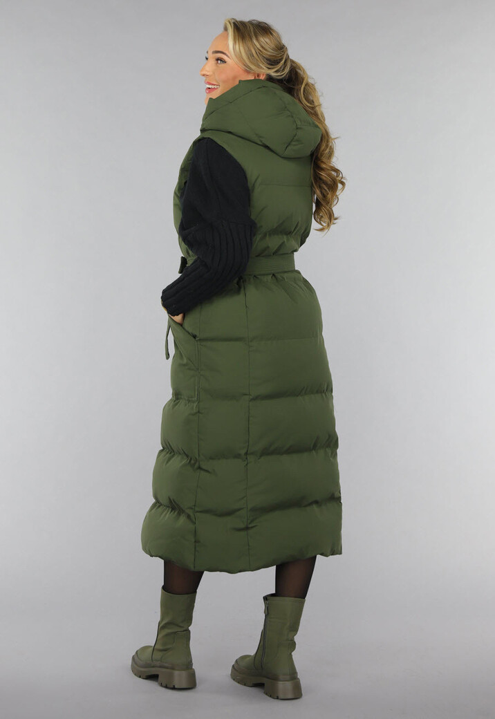 Groene Lange Gewatteerde Bodywarmer met Tailleband