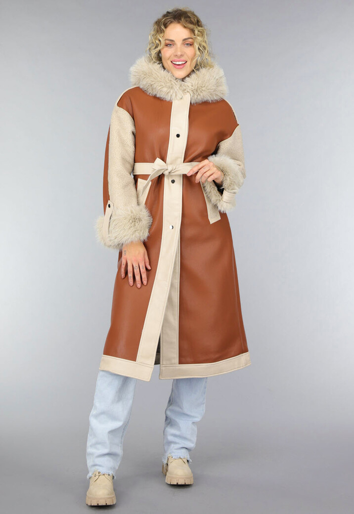Camel Trenchcoat met Teddy Voering en Bontkraag