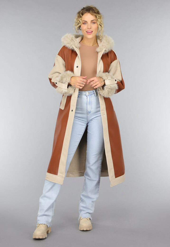 Camel Trenchcoat met Teddy Voering en Bontkraag