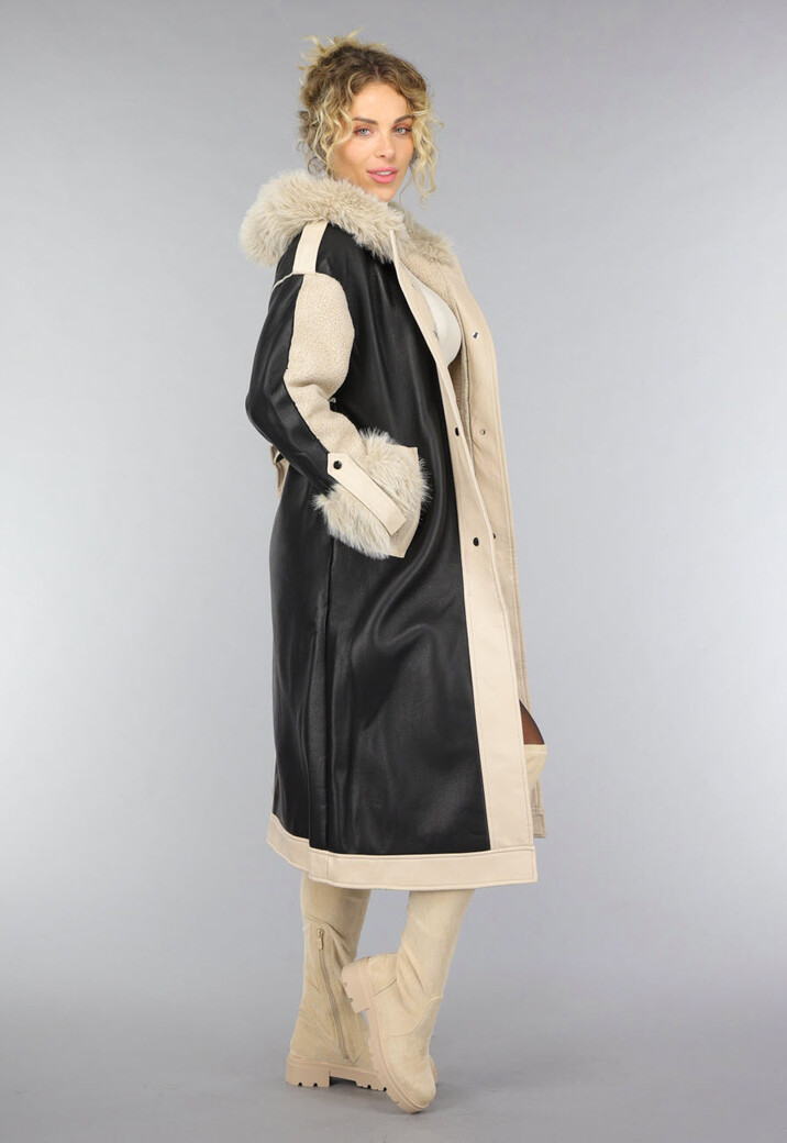 Zwarte Teddy Trenchcoat met Bontkraag