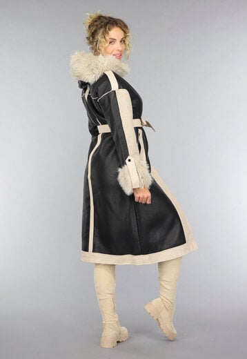 NEW0210 Zwarte Teddy Trenchcoat met Bontkraag