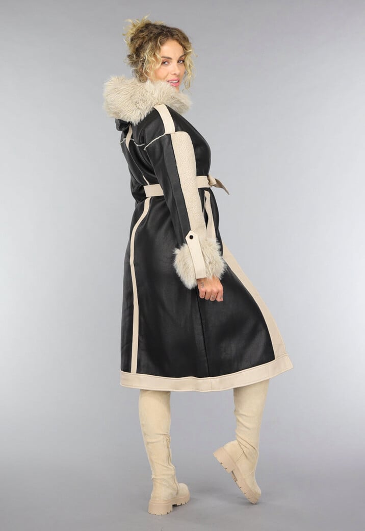 Zwarte Teddy Trenchcoat met Bontkraag