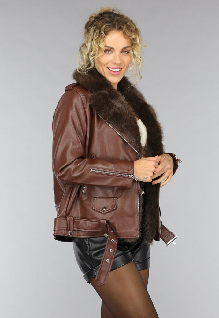 Bruine Lederlook Jas met Faux Fur Kraag