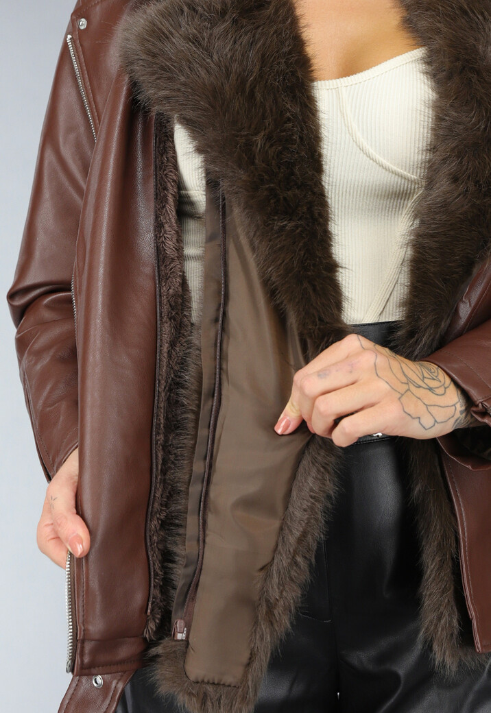 Bruine Lederlook Jas met Faux Fur Kraag