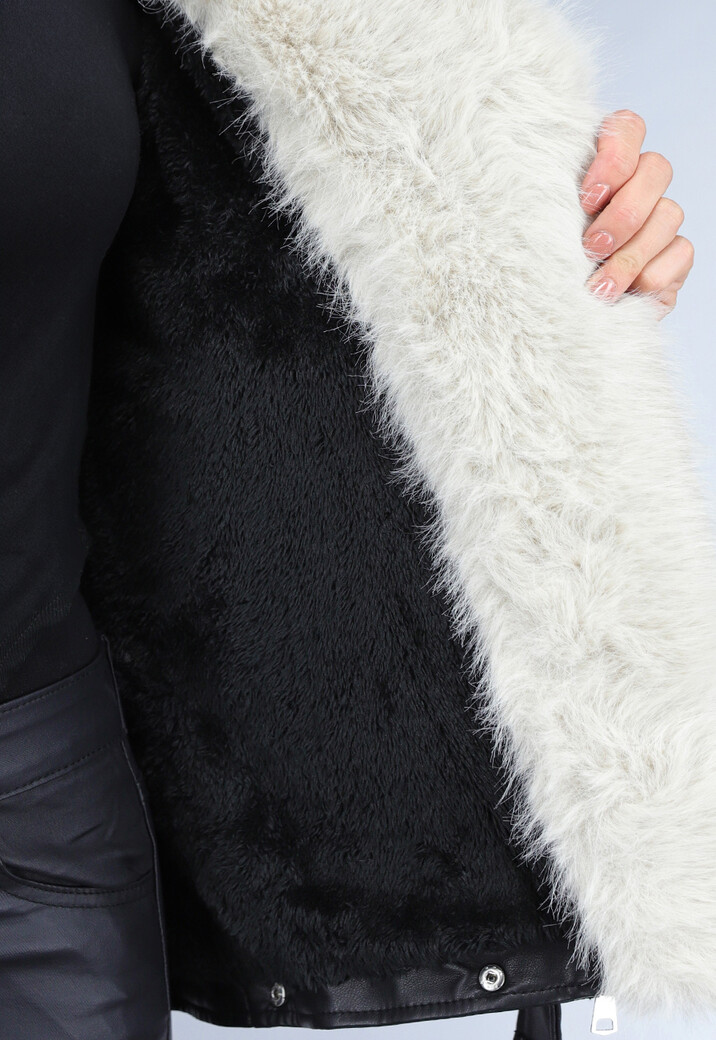 Zwarte Lederlook Faux Fur Biker Jas