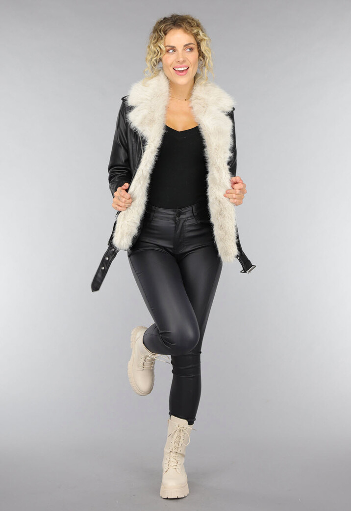 Zwarte Lederlook Faux Fur Biker Jas