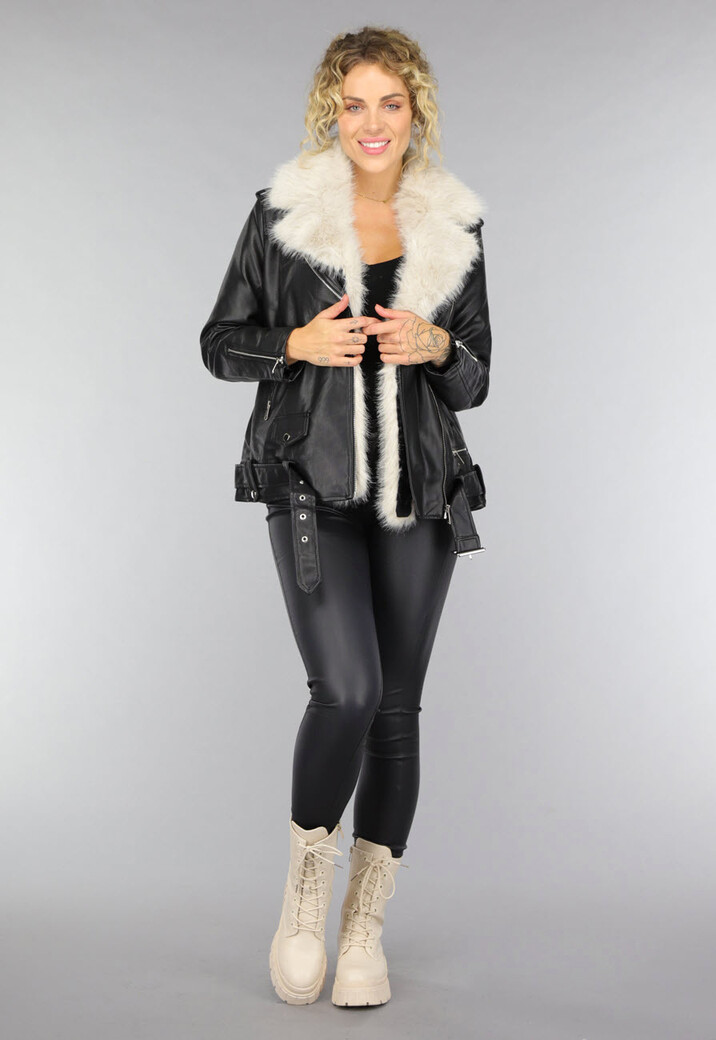 Zwarte Lederlook Faux Fur Biker Jas