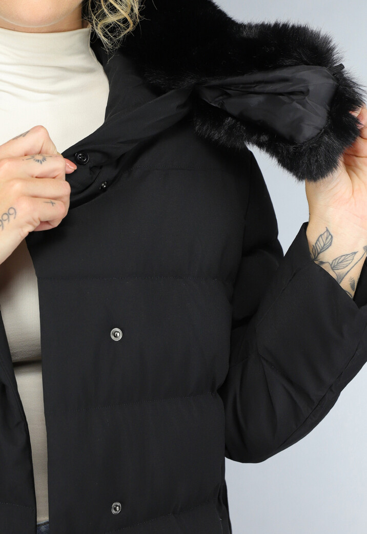Zwarte Lange Pufferjacket met Bontkraag