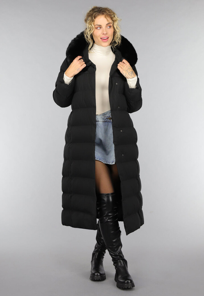 Zwarte Lange Pufferjacket met Bontkraag