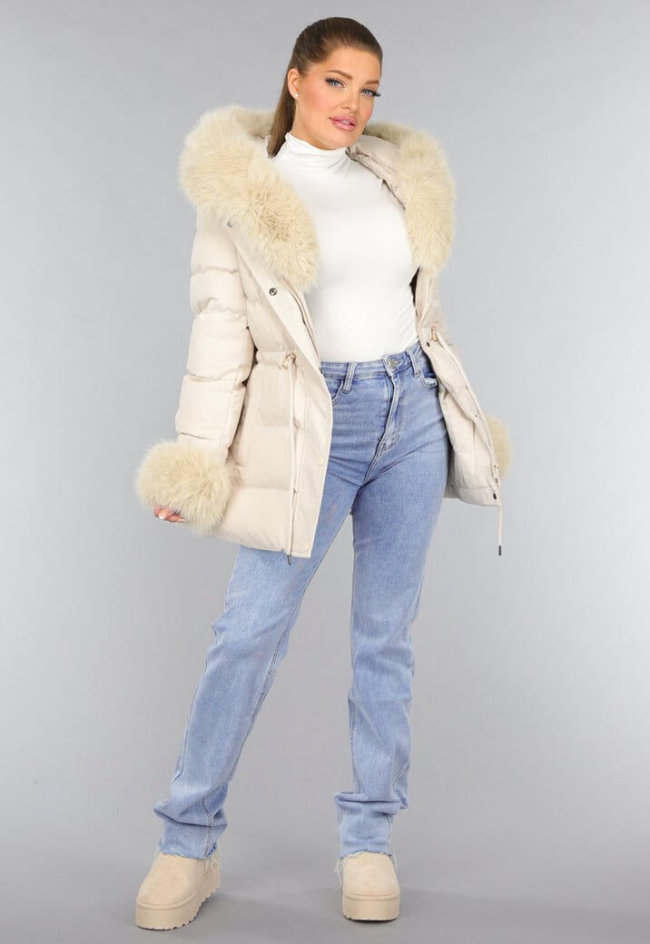 Beige Gewatteerde Faux Fur Winterjas