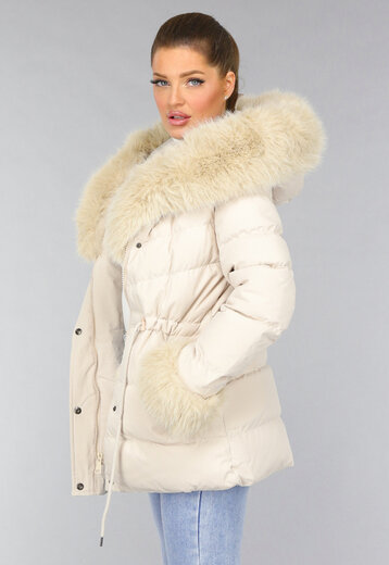 NEW0210 Beige Gewatteerde Faux Fur Winterjas