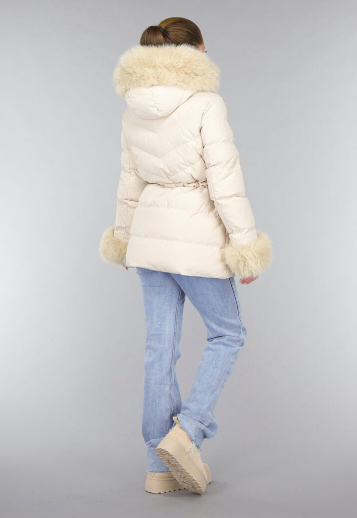 Beige Gewatteerde Faux Fur Winterjas