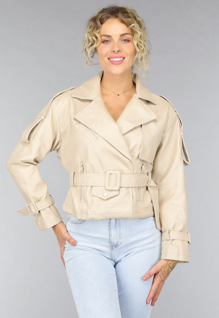 Beige Lederlook Jack met Riempjes