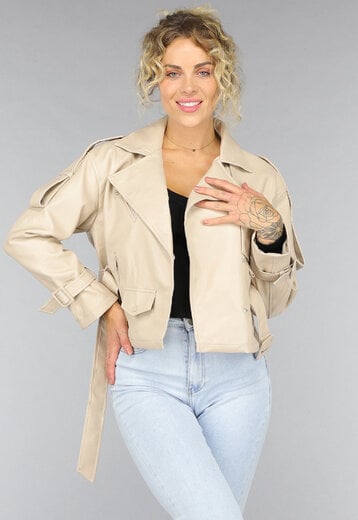 NEW0210 Beige Lederlook Jack met Riempjes