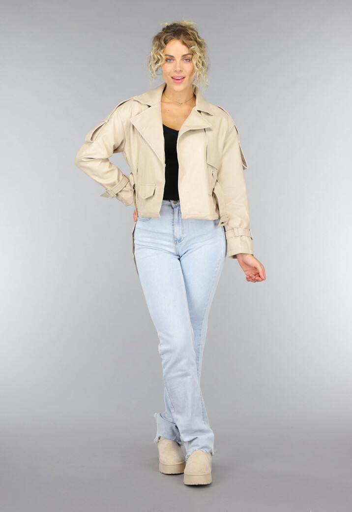 Beige Lederlook Jack met Riempjes