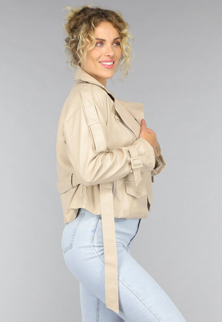Beige Lederlook Jack met Riempjes