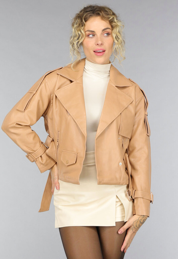 Camel Lederlook Jas met Gesp Details