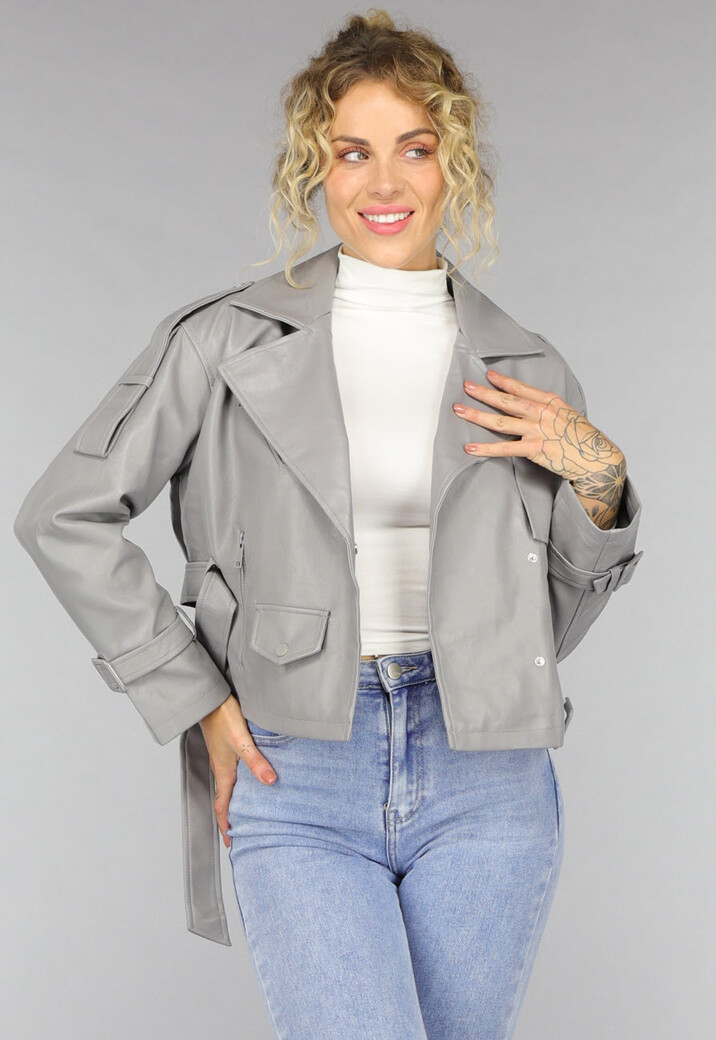 Lederlook Biker Jasje in Grijs