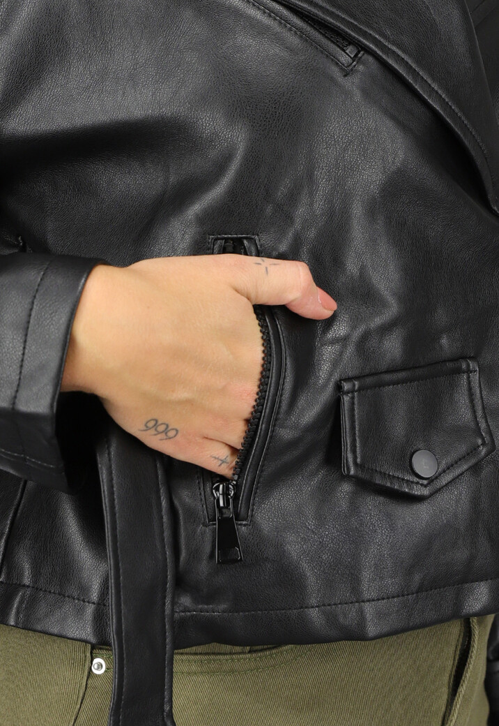 Zwart Biker Jack met Riem Details