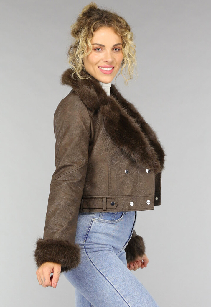 Kort Bruin Jasje met Faux Fur Details