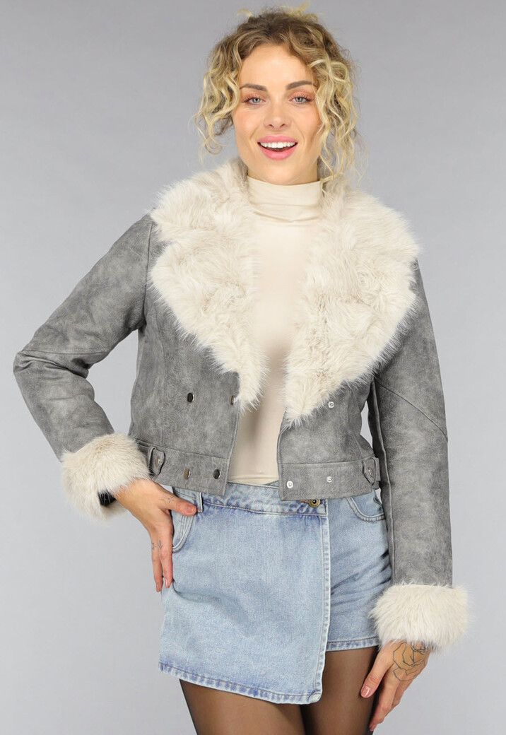 Grijze Korte Jas met Beige Bontkraag