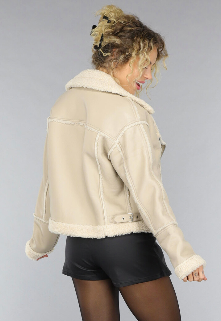 Beige Lederlook Jas met Teddy Voering
