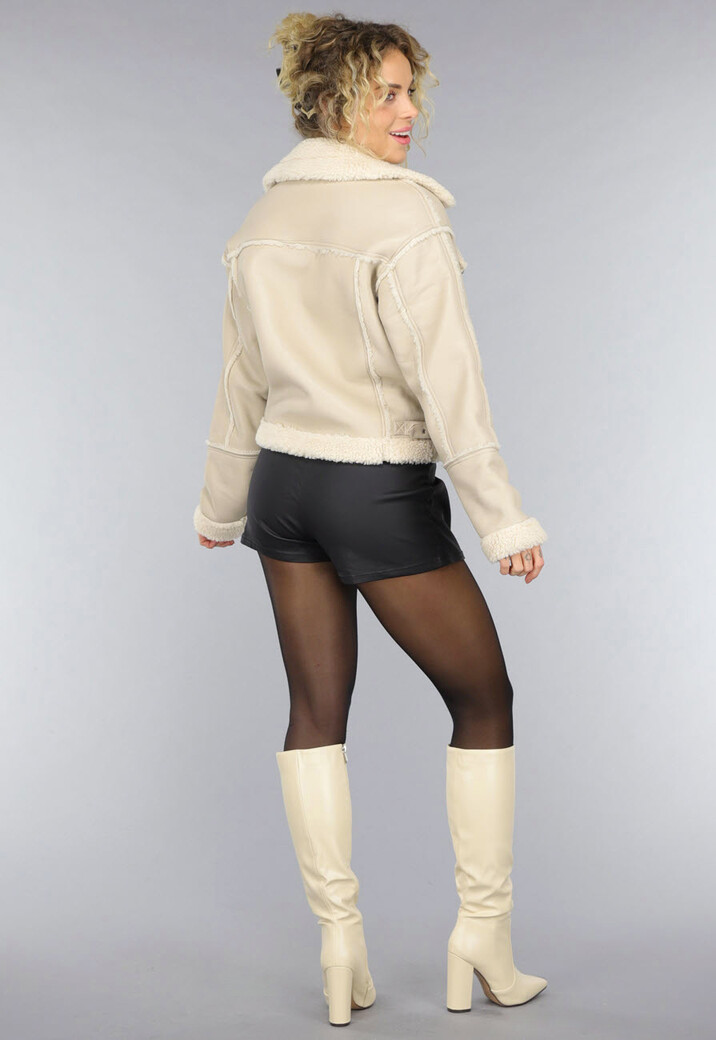 Beige Lederlook Jas met Teddy Voering