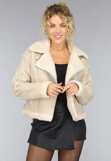 NEW0210 Beige Lederlook Jas met Teddy Voering