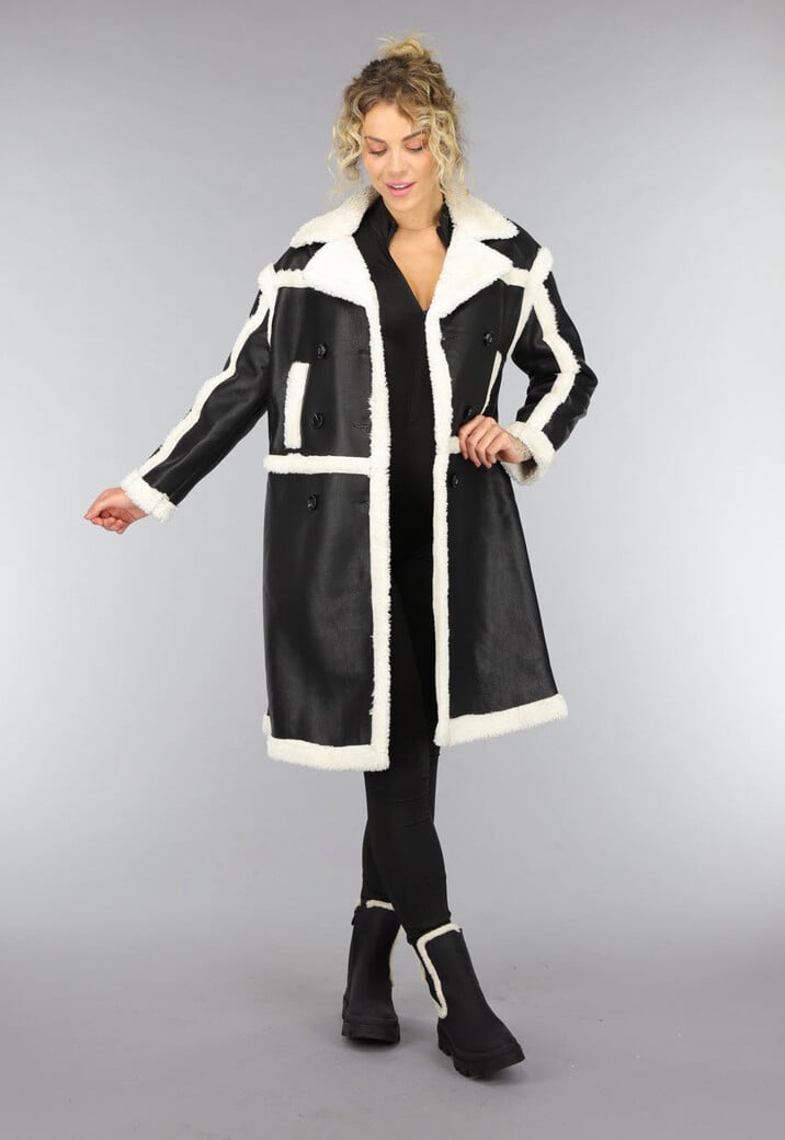Zwarte Lange Lederlook Teddy Mantel Jas